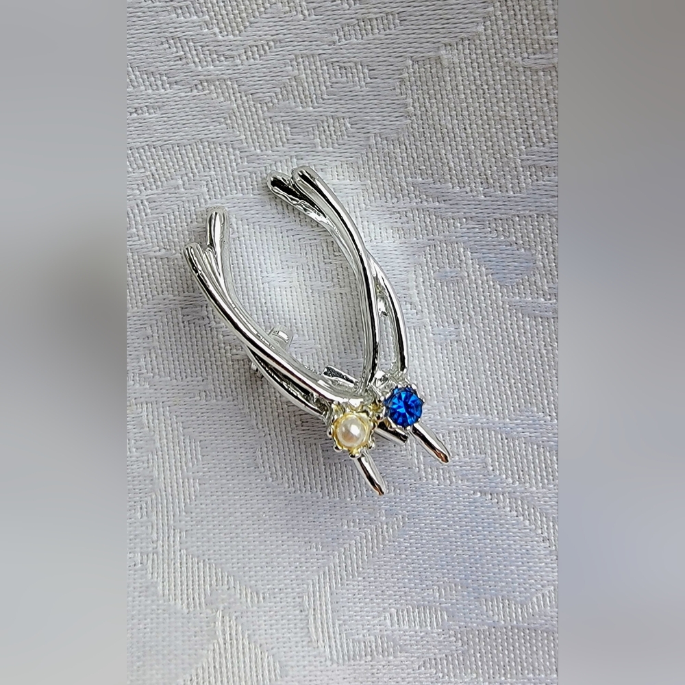 Vintage Silver Tone Double Wishbone Midnight Blue Faux Pearl Pin Brooch